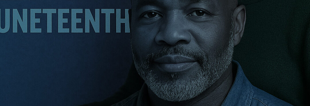 Man with a thoughtful expression, emphasizing Juneteenth, against a dark blue background, symbolizing reflection on freedom and equality.